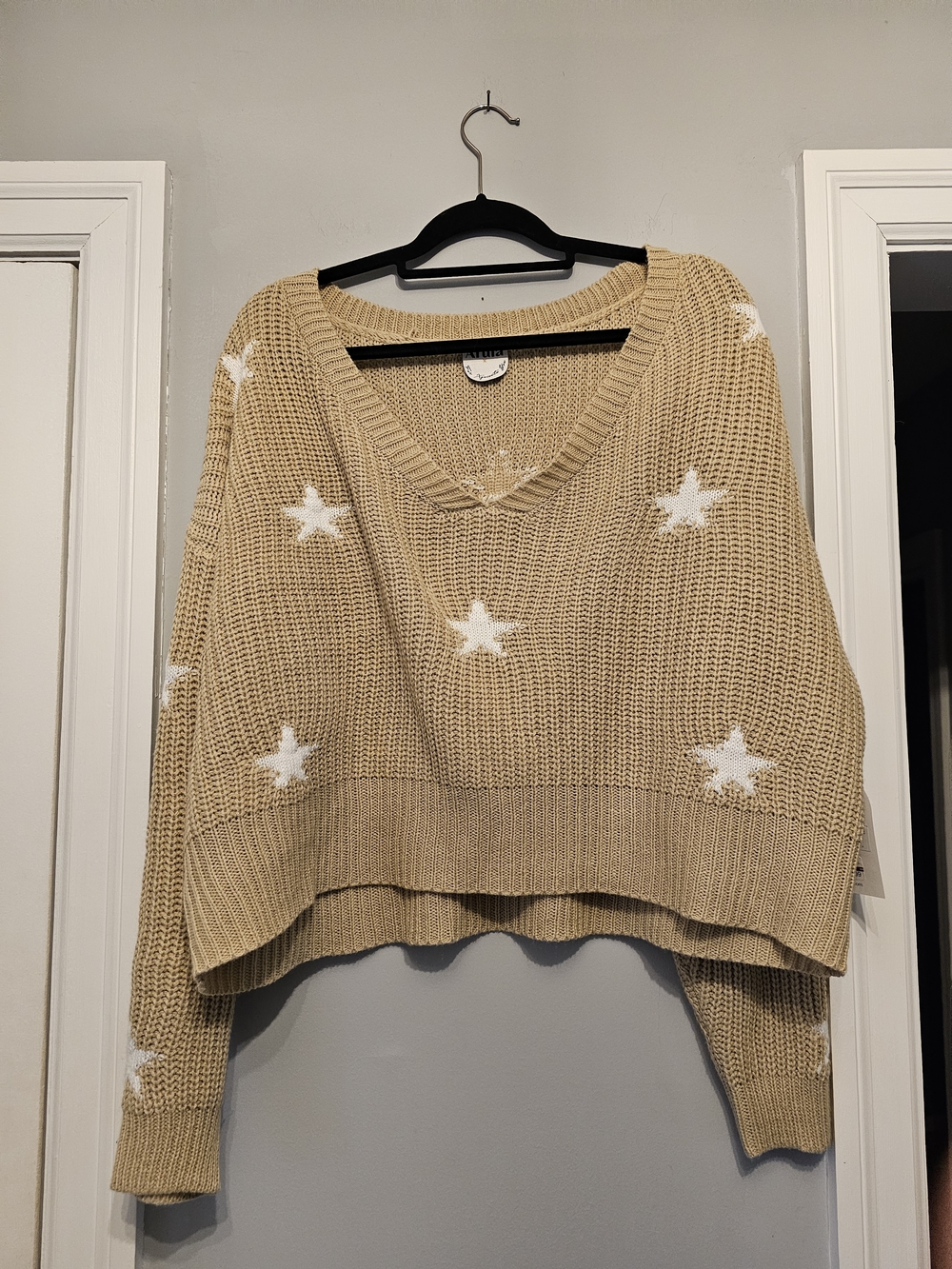Beige Star Pattern V-Neck Women's Sweater